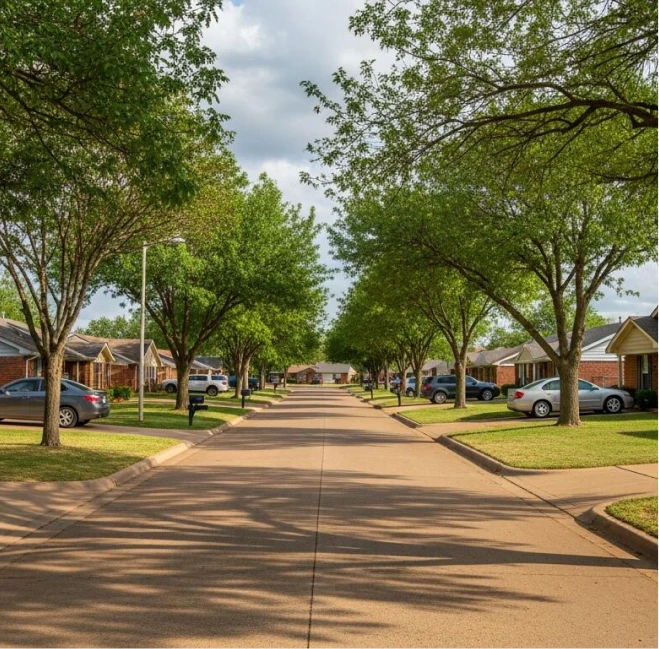 A quiet, tree-lined residential street in El Reno near La Villa Elms Apartments, showcasing a peaceful neighborhood that fits your lifestyle.