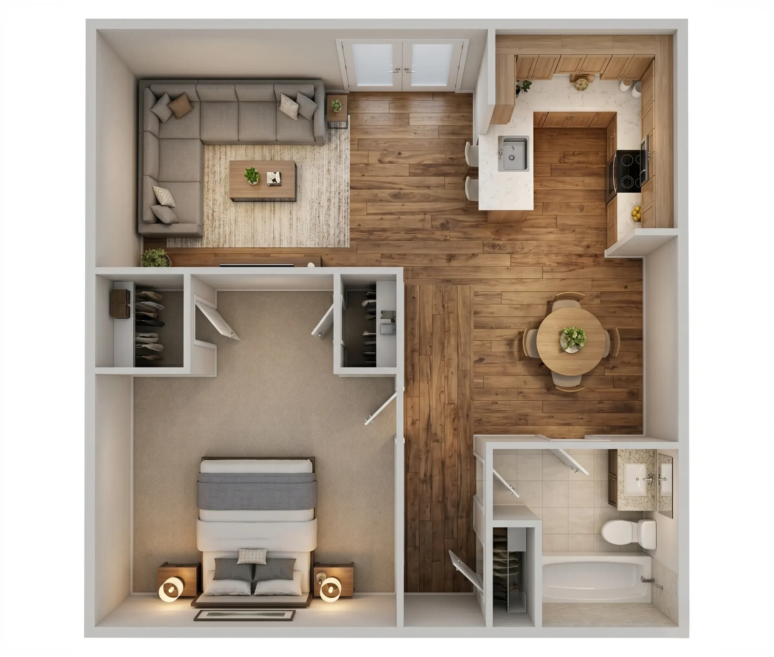 3D overhead rendering of a 1 bedroom apartment at La Villa Elms, featuring wood-style flooring, a large walk-in closet, and an open-concept kitchen with a breakfast bar.