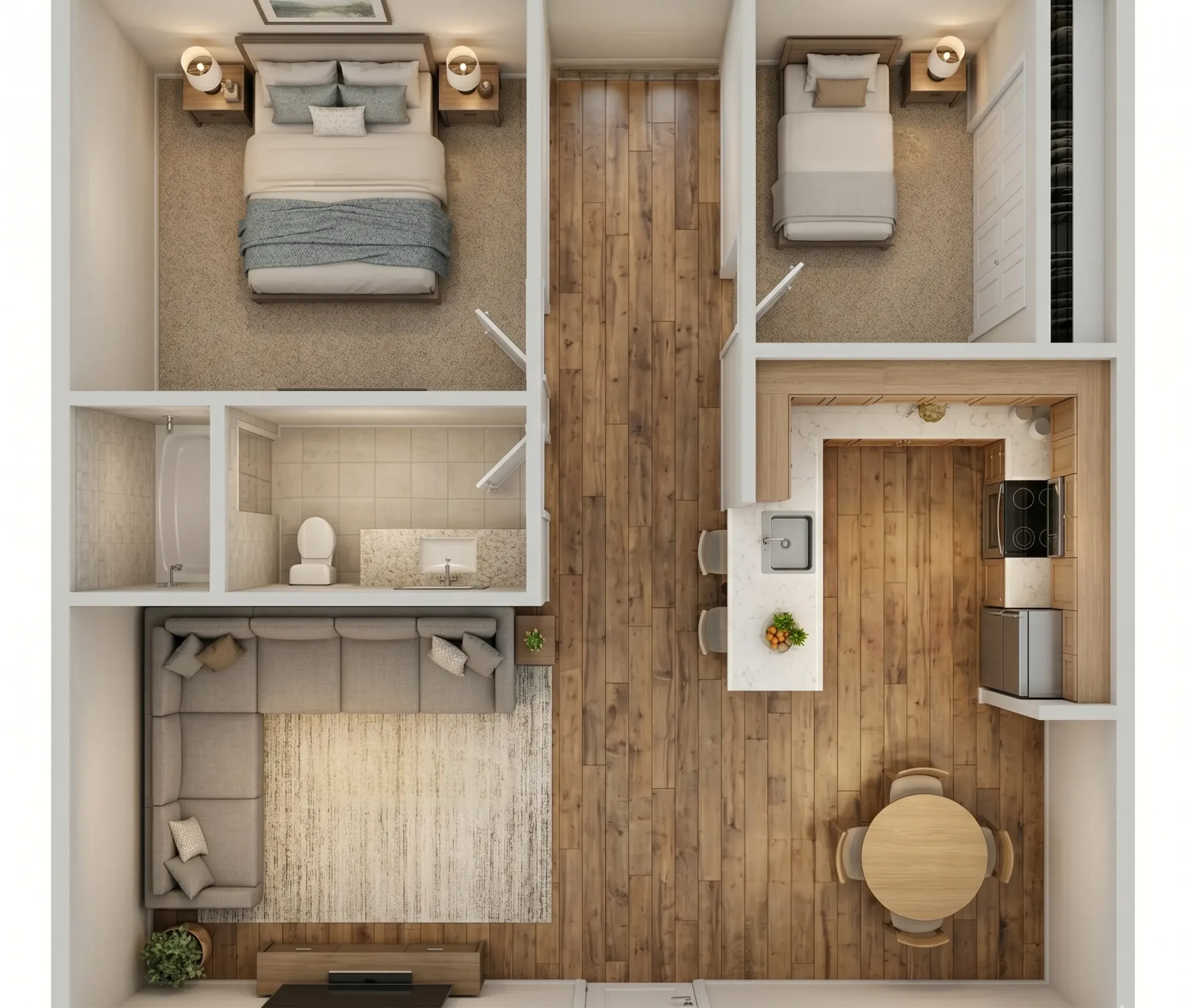 3D overhead rendering of a 2 bedroom apartment at La Villa Elms in El Reno, featuring wood-style flooring, a large sectional sofa, and a modern U-shaped kitchen with a breakfast bar.