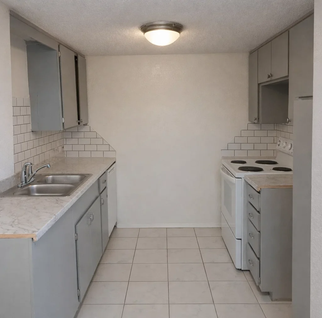 Clean galley kitchen with white subway tile and grey cabinets at La Villa Elms Apartments in El Reno.
