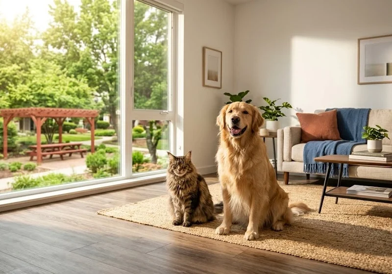 A happy Golden Retriever and a fluffy Maine Coon cat sit together on a jute rug in a sunlit modern apartment living room at La Villa Elms, Quetta. A large floor-to-ceiling window overlooks a green courtyard with a red wooden pergola.