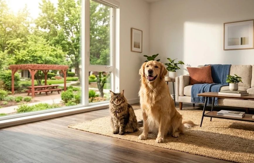 A happy Golden Retriever and a fluffy Maine Coon cat sit together on a jute rug in a sunlit modern apartment living room at La Villa Elms, Quetta. A large floor-to-ceiling window overlooks a green courtyard with a red wooden pergola.