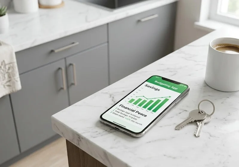 A top-down flat lay on a modern white marble counter, showing a smartphone with a green savings app, house keys, and a coffee mug.