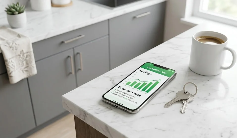 A top-down flat lay on a modern white marble counter, showing a smartphone with a green savings app, house keys, and a coffee mug.