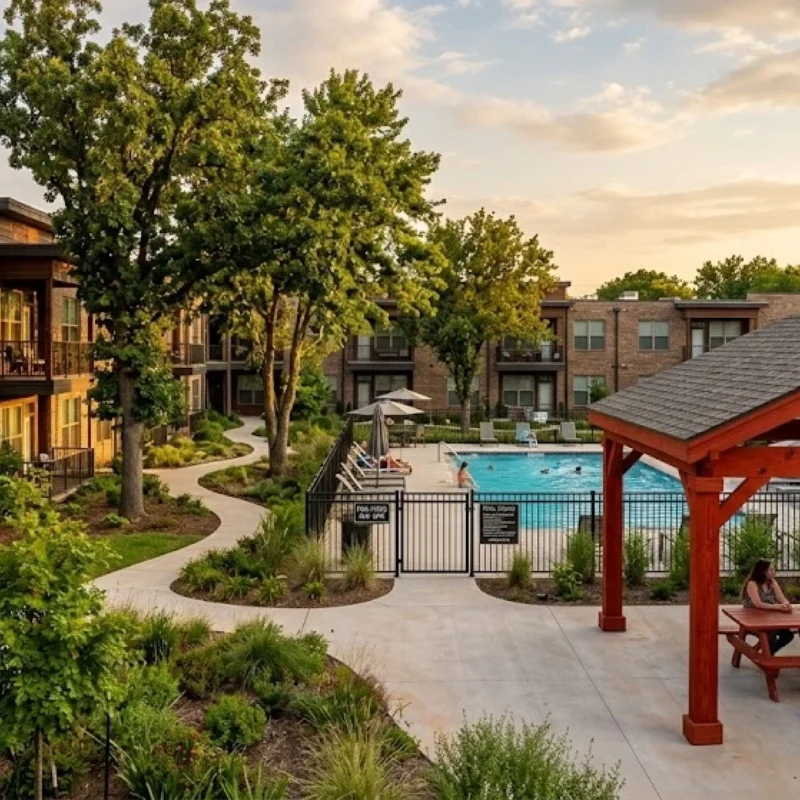 Wide-angle, golden-hour photograph of The Reserve at El Reno apartment courtyard, featuring a rustic wooden picnic pergola, people seated at a picnic table, a large swimming pool behind a black fence, mature trees, and multi-story brick apartment buildings with balconies in the background.