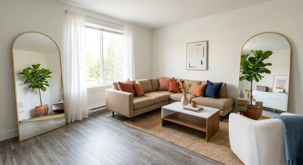 La Villa Elms modern apartment living room with grey wood floors, a tan sectional, terracotta/blue pillows, large arched mirrors, a jute rug, and natural window light.