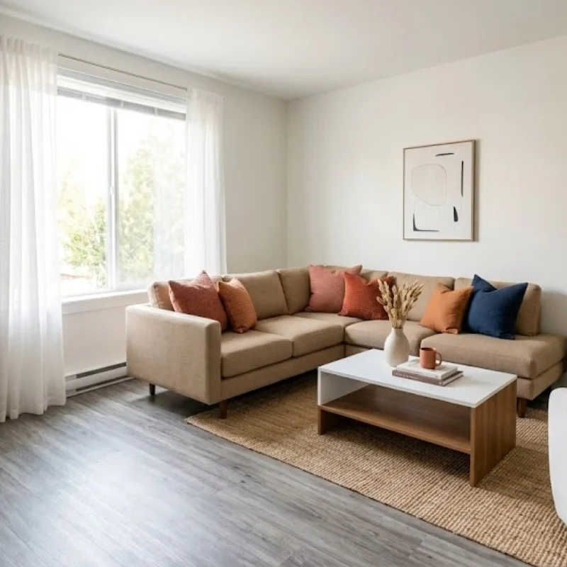 La Villa Elms modern apartment living room with grey wood floors, a tan sectional, terracotta/blue pillows, large arched mirrors, a jute rug, and natural window light.