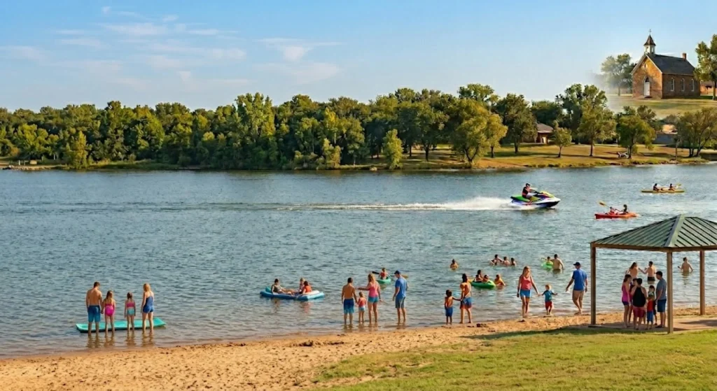 View of a busy lake with families on the beach and in the water, people floating, a jet ski rider, and kayaks. A historic stone church is visible on the far hill.