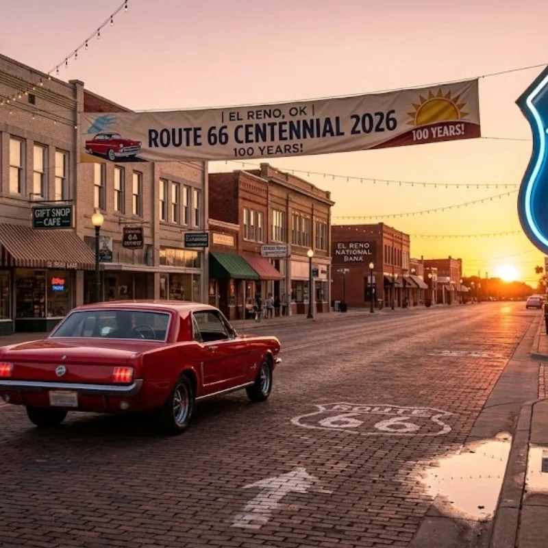 Classic red 1966 Mustang on historic brick Route 66 in El Reno, Oklahoma, at sunset. A glowing neon Route 66 shield, "Centennial 2026" banner, and buildings.