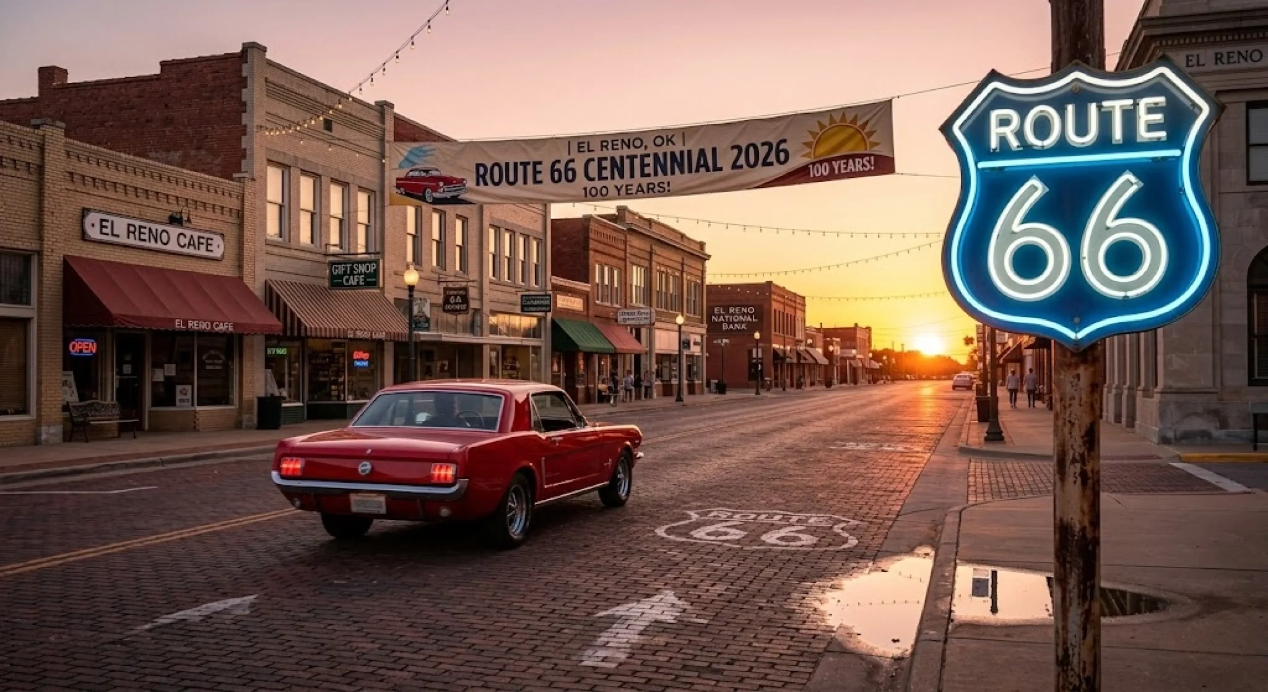 Classic red 1966 Mustang on historic brick Route 66 in El Reno, Oklahoma, at sunset. A glowing neon Route 66 shield, "Centennial 2026" banner, and buildings.
